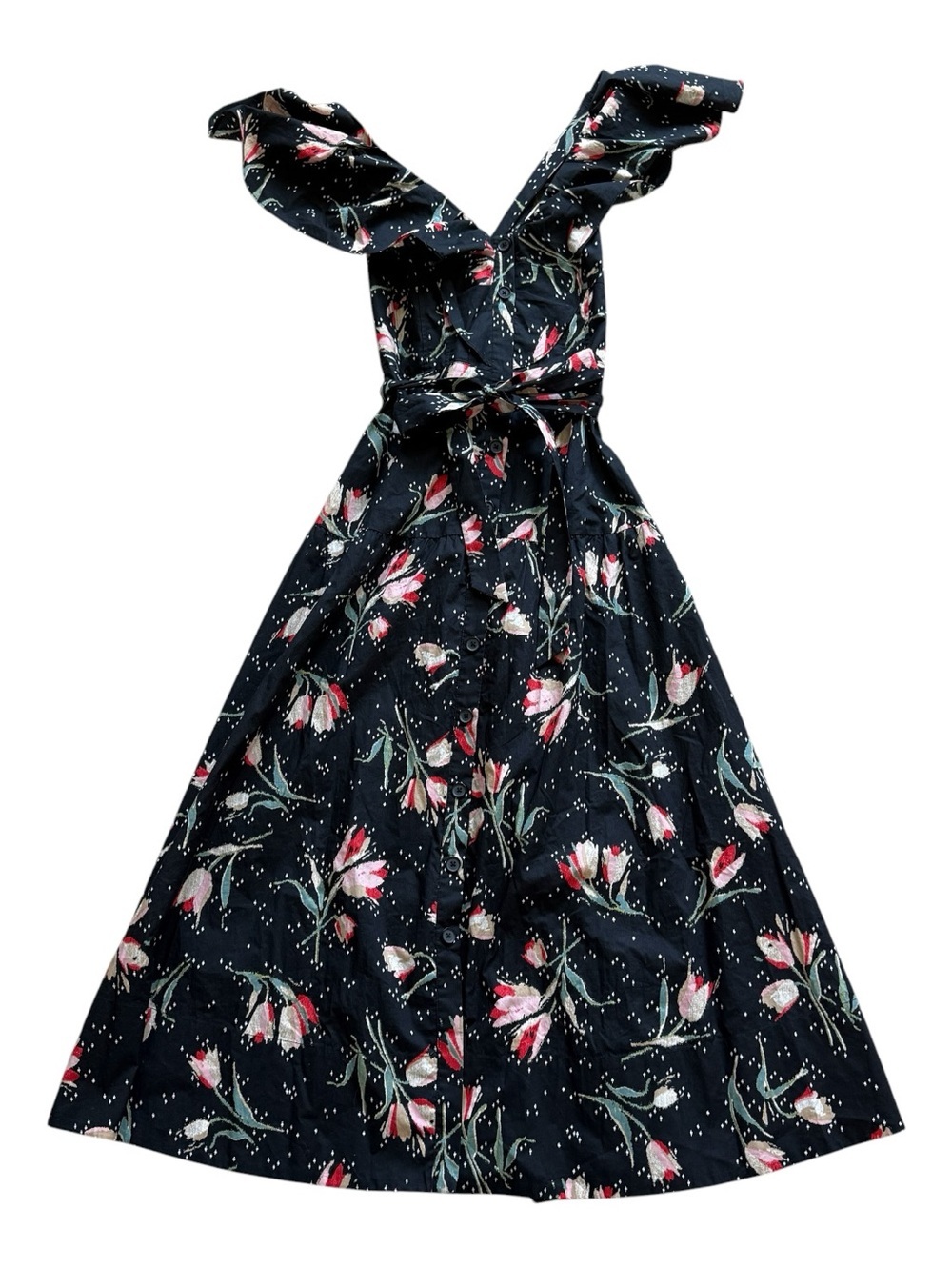 Rebecca Taylor Floral Open Back Midi Dress Flutter Sleeve Tie Waist Women’s 0